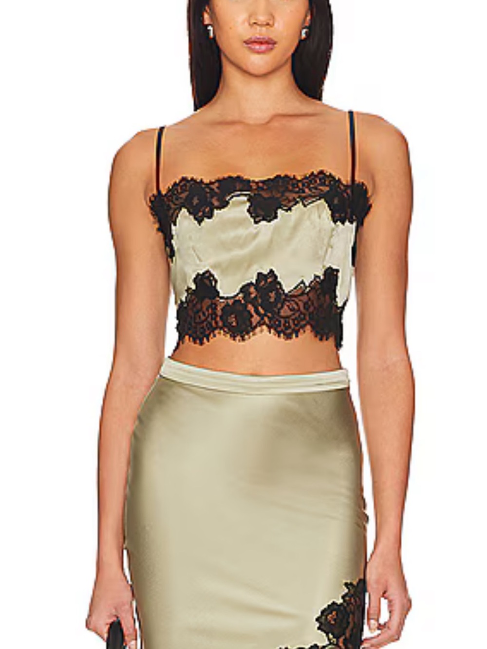 Fleur du Mal Sage Olive Green Satin Bandeau Crop Top Cami with Black Lace Trim